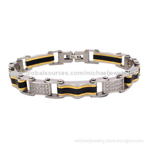 Stainless Steel Bracelets with 72-piece CZ Stones and Interval of Plating IP Black and Gold